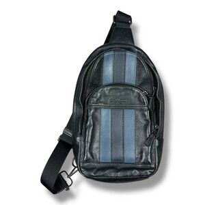 Coach F49318 Houston Pack With Varsity Stripe Black Denim Midnight Navy Sling